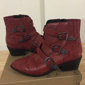 Red Faux Leather Western Ankle Boots 9.5